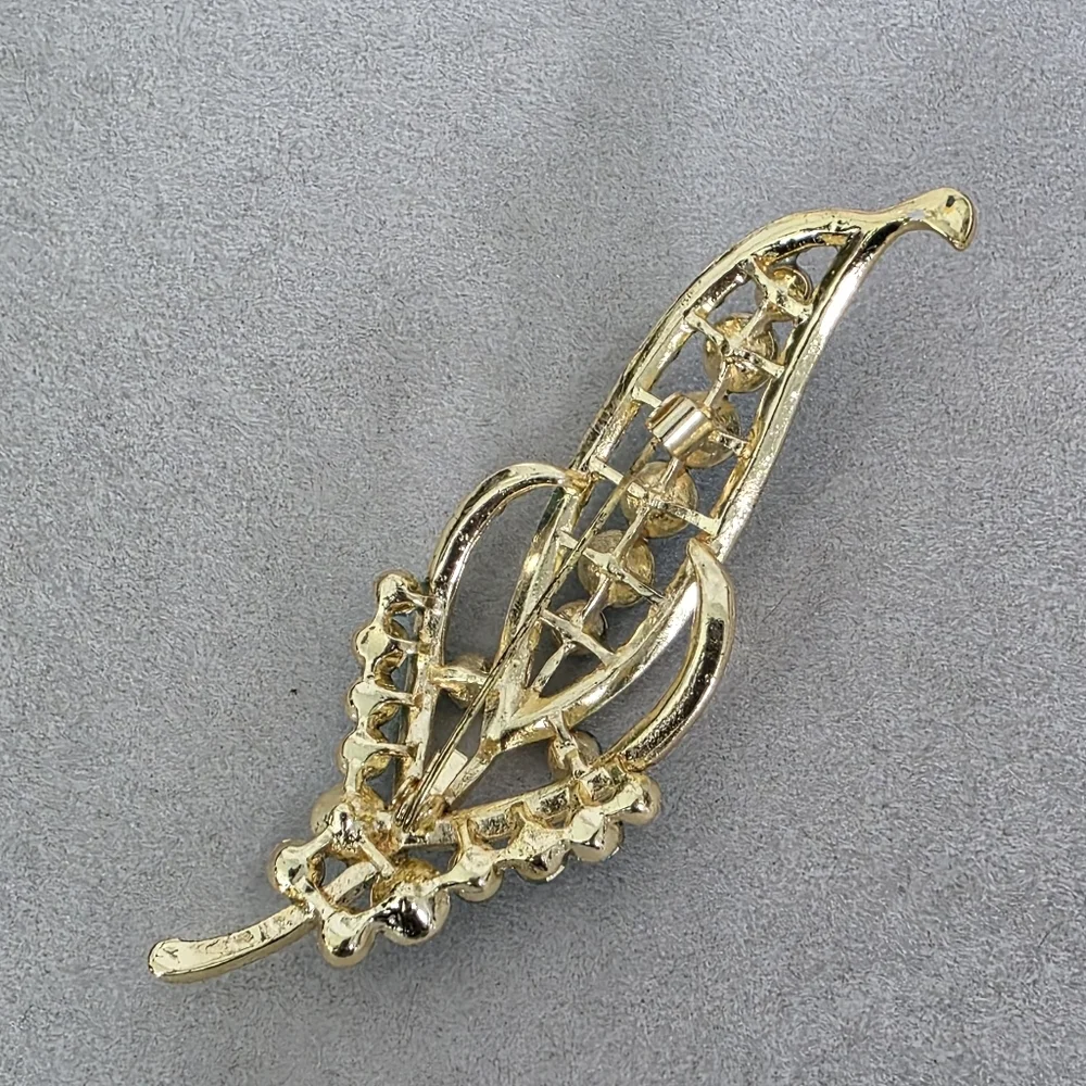 Gold with Turquoise Blue Rhinestone Leaf Brooch Pin
